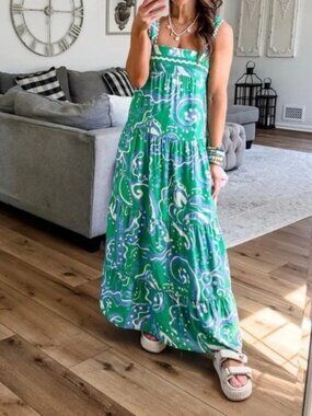 LaLavon XS Pretty blue, green & cream fully lined summer maxi dress. Beautiful.